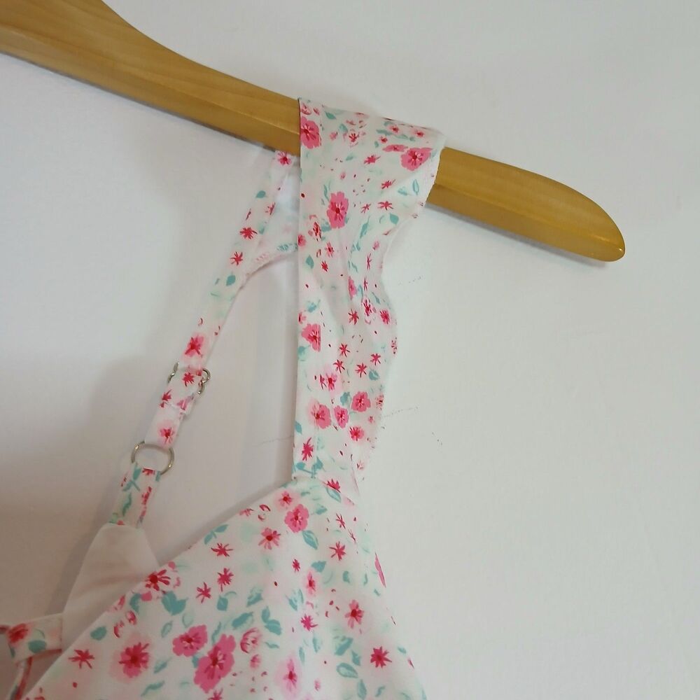 White Pink Floral Summer Dress Criss Cross Tie Back Small Ruffle - Picture 3 of 9